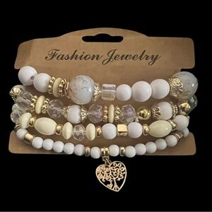 Gold and White Beaded Bracelet Set with Heart Charm